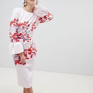 Pencil Dress With Double Frill Sleeve And Placement Print